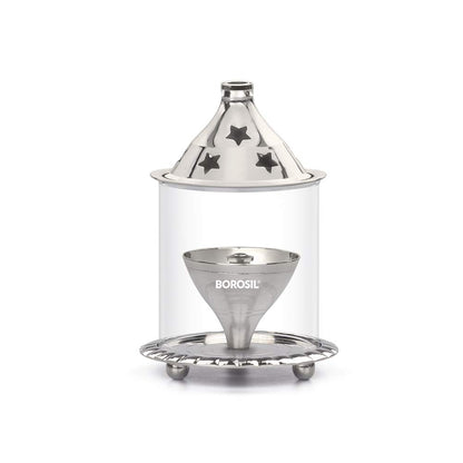 Borosil Small Size Akhand Diya Decorative Nickel Glass Oil Lamp | Tea Light Holder | Diya with Borosilicate Glass | Puja Dia for Mandir | Lantern Diya with Glass Cover, Nickel Diya