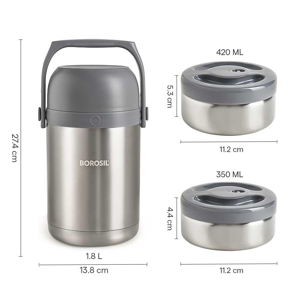 Borosil - Hot-N-Fresh Stainless Steel Insulated Lunch Box, Set of 3 (1pcs 350 ml + 2pcs 420 ml), Grey