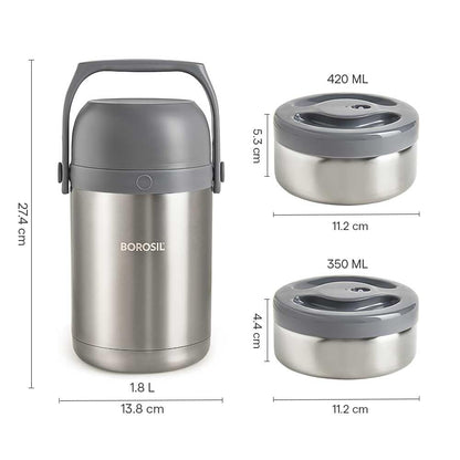 Borosil - Hot-N-Fresh Stainless Steel Insulated Lunch Box, Set of 3 (1pcs 350 ml + 2pcs 420 ml), Grey