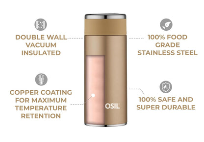 Borosil Hydra Travelsmart 260 ml Stainless Steel Water Bottle | Double Wall Vacuum Insulated Flask | 8 Hours Hot & 10 Hours Cold | Leakproof, BPA Free | 1 Year Warranty, Rose Gold