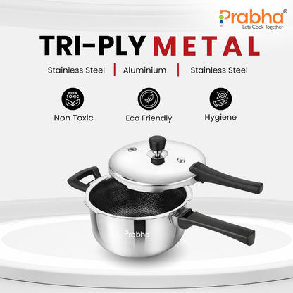 Prabha Stainless Steel Pressure Cooker Outer Lid 3 Litre | Tri-Ply Hexa Cube Non-Stick Cookers Manual | Kitchen Cookware Pots & Pans | ISI Certified Fast & Safe Healthy Cooking | Gas & Induction