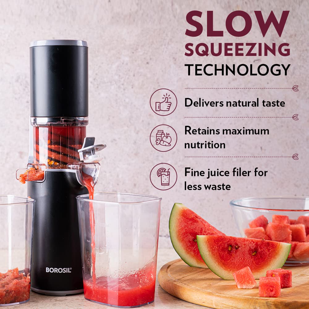 Borosil Easy 130W Cold Press Slow Juicer, Compact & Portable, Black