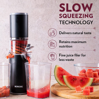 Borosil Easy 130W Cold Press Slow Juicer, Compact & Portable, Black