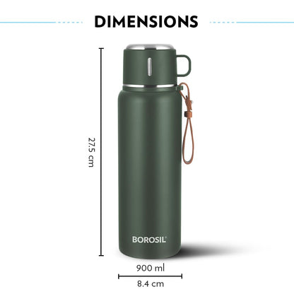 Borosil Hydra Cruise Stainless Steel 900 ml Water Bottle | Double Wall Vacuum Insulated, Flask | 17 Hours Hot & 20 Hours Cold | Leakproof, BPA Free | 1 Year Warranty, Green