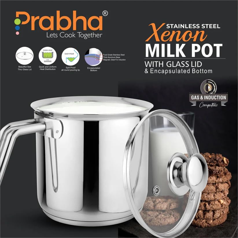Prabha Xenon IB Milk Pot with Lid Stainless Steel | 17cm | 2.5L | Stove & Induction Cookware | Heat Surround Cooking | Hammered Milk Pot | Sauce Pan, Tea Pan, Egg Boiler, Water Boiler with Handle
