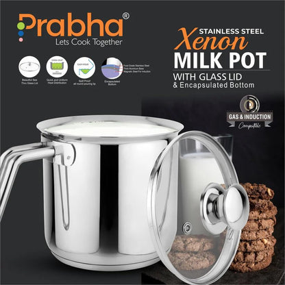 Prabha Xenon IB Milk Pot with Lid Stainless Steel | 17cm | 2.5L | Stove & Induction Cookware | Heat Surround Cooking | Hammered Milk Pot | Sauce Pan, Tea Pan, Egg Boiler, Water Boiler with Handle