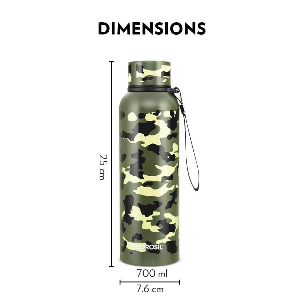 Borosil 700 ml Trek Stainless Steel Water Bottle, 20 Hrs Hot & 24 Hrs Cold