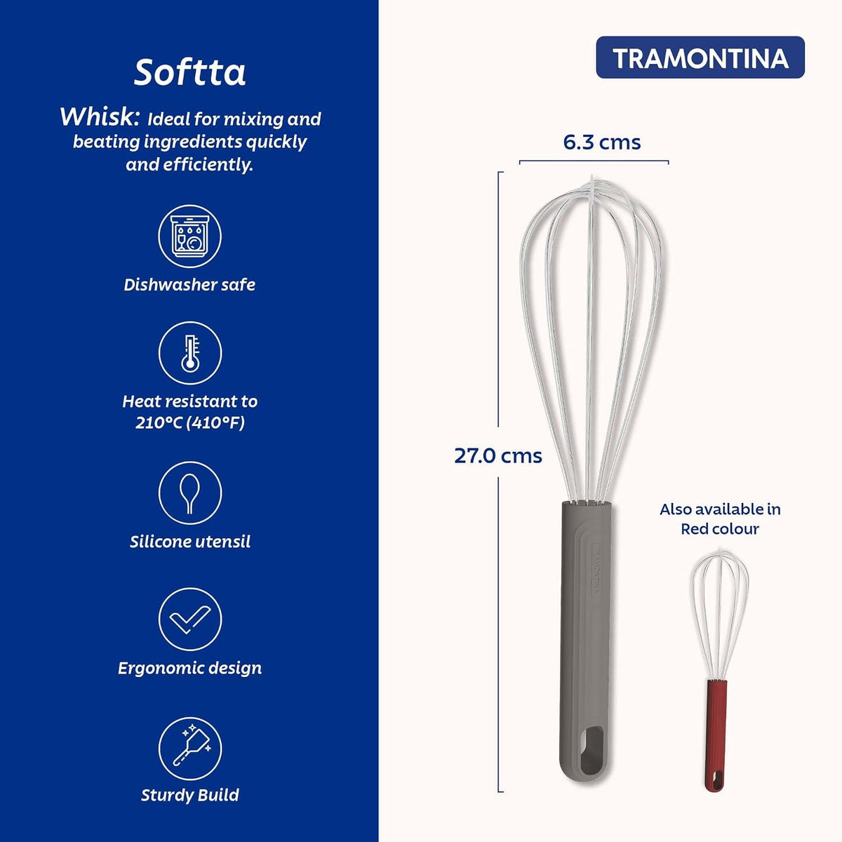Tramontina Softta Heat‑Safe Whisk – Stainless Steel Whisk with Grey Rubber Grip – 210°C Safe – Perfect for Mixing, Whipping, Blending