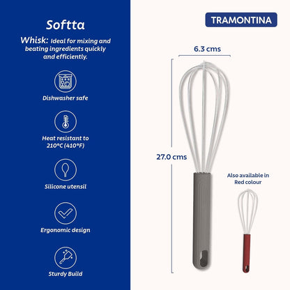 Tramontina Softta Heat‑Safe Whisk – Stainless Steel Whisk with Grey Rubber Grip – 210°C Safe – Perfect for Mixing, Whipping, Blending
