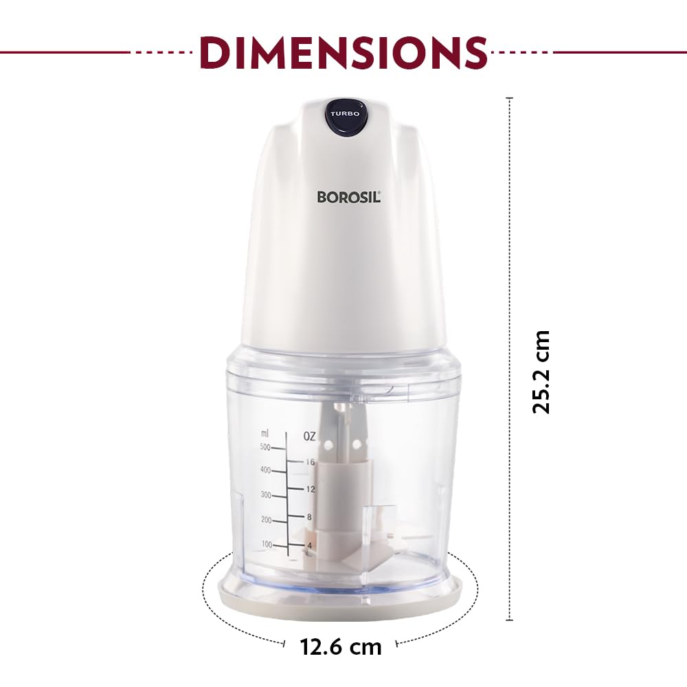 Borosil Chef Delite 260 Watts Electric Chopper for Kitchen, Twin Blade Technology, 500 ml 'chop-n-store' plastic bowl with lid, Vegetable Chopper, Cutter, Chop, Mince, Dice, Whisk, Blend, Transparent