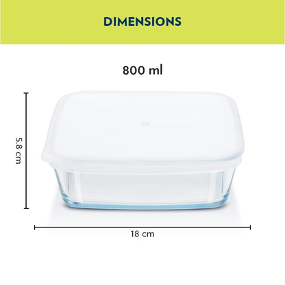 Borosil Baking & Serving Square Shape Dish with White Lid | Borosilicate Glass Bakeware and Serveware Tray | Microwave, Oven & Dishwasher Safe Bowl | Transparent (800 ml)