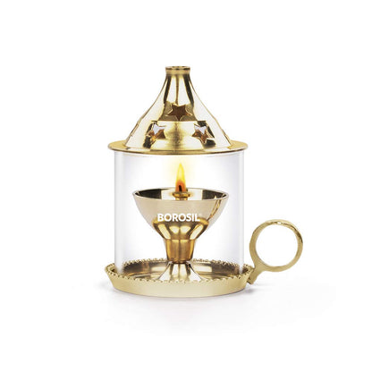 Borosil Small Size Mangal Diya Decorative Brass Oil Lamp with Borosilicate Glass Cover | Tea Light Holder | Puja Dia for Mandir | Lantern Deepam