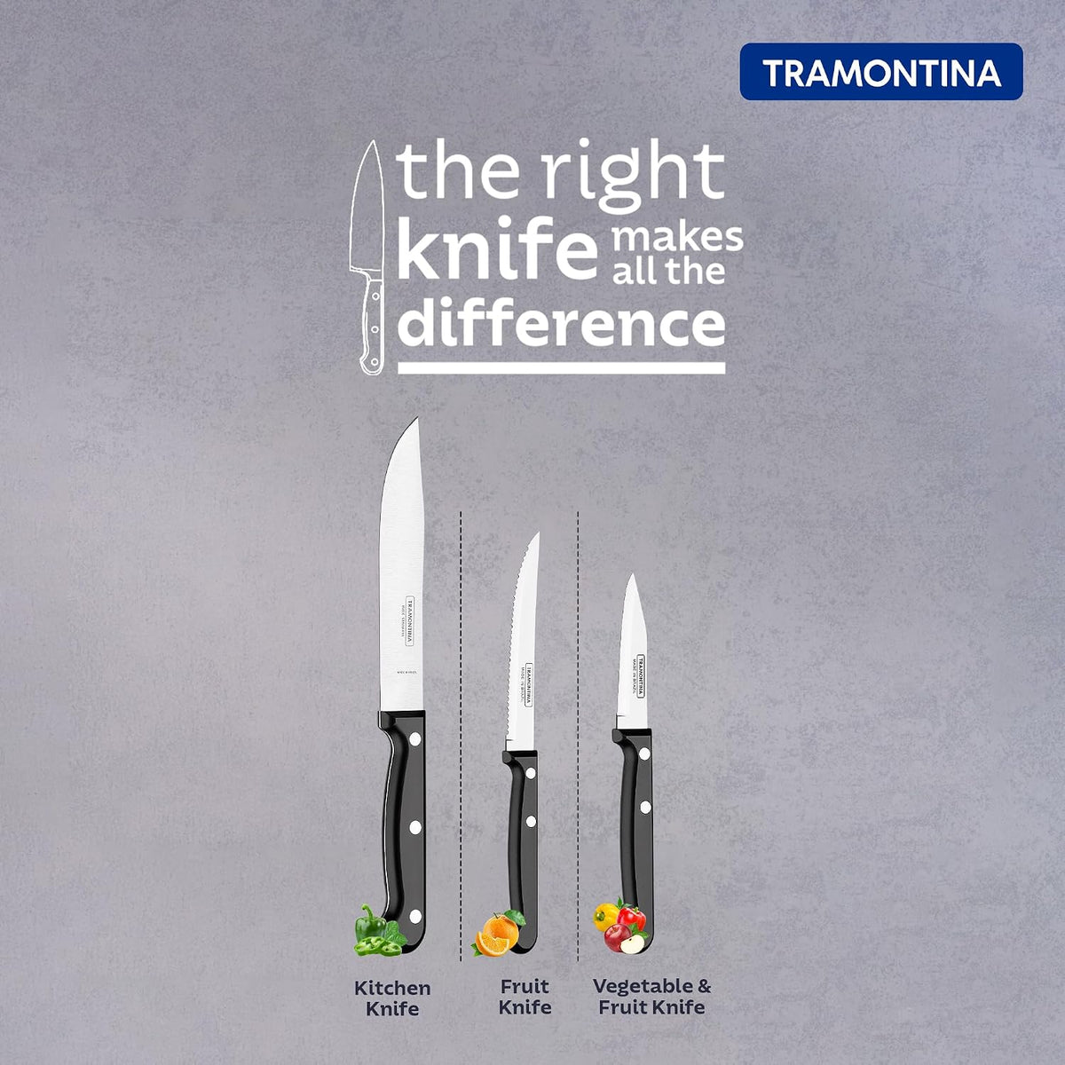 TRAMONTINA Ultracorte Set of 3 Knives | Stainless Steel Knife| Vegetable | Fruit | Kitchen | Antimicrobial | Polypropylene Handle | 5 Year Warranty