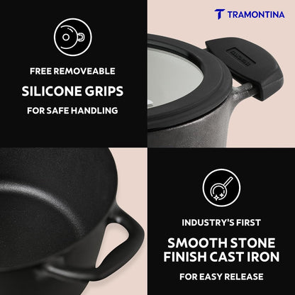 Tramontina TITANEX 24cm/4.9L Pre-Seasoned Heritage Cast Iron Casserole with Toughened Glass Lid | Gas/Induction Compatible Biryani Pot | Stock Pot with Snap-On Silicone Grips | Life-Time Warranty*