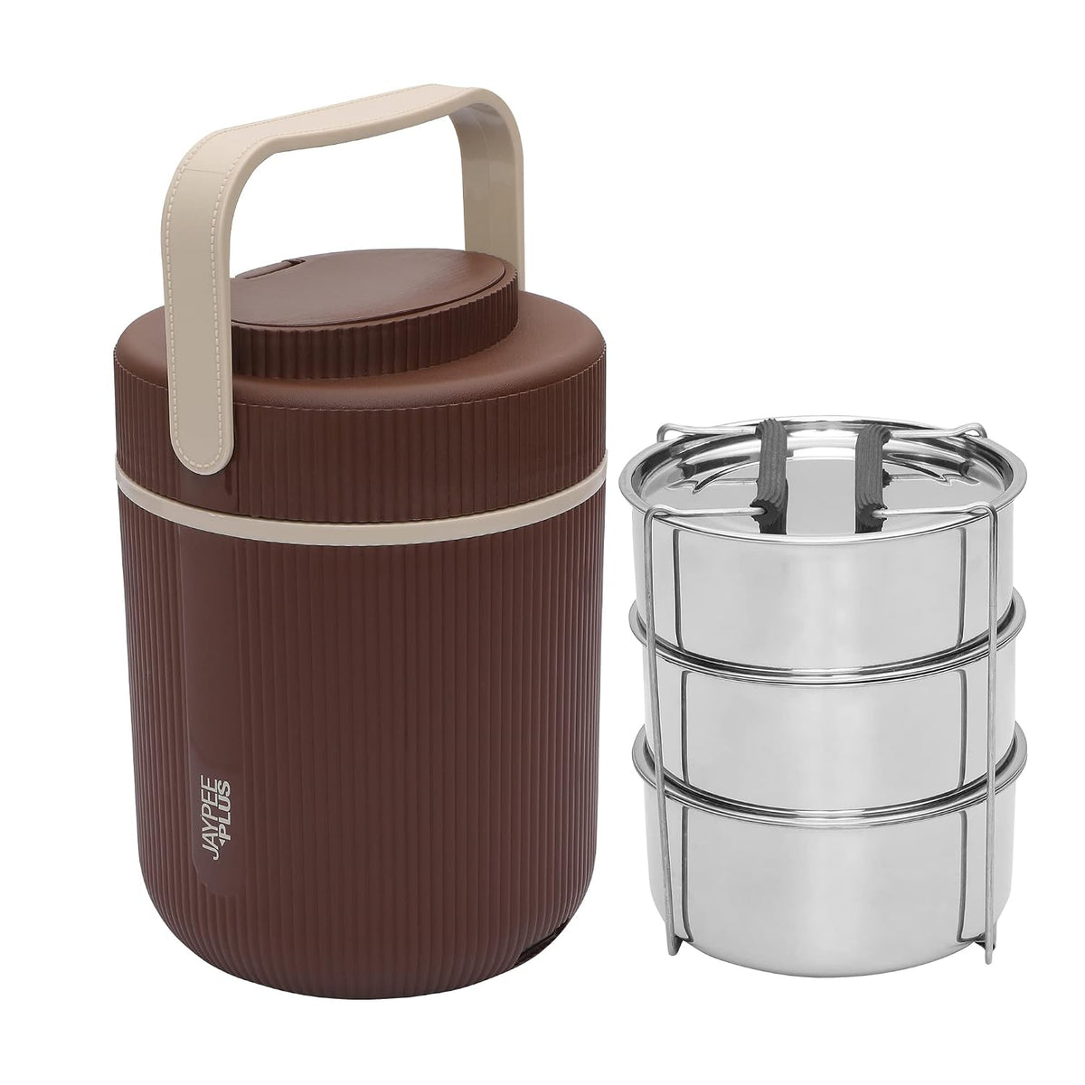 Jaypee Plus Ribbline Electric Lunch Box with 3 Stainless Steel containers 300X3 ml Lunch Box for Office, Travel Easy to Carry Handle Convenience case for Power Cord Food Grade, Brown