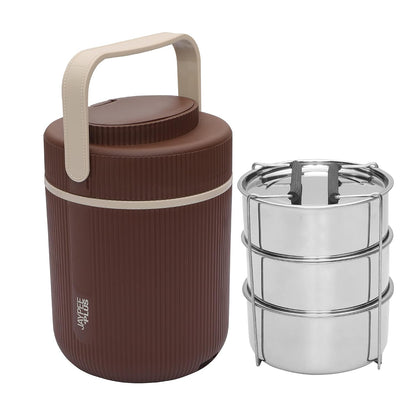 Jaypee Plus Ribbline Electric Lunch Box with 3 Stainless Steel containers 300X3 ml Lunch Box for Office, Travel Easy to Carry Handle Convenience case for Power Cord Food Grade, Brown