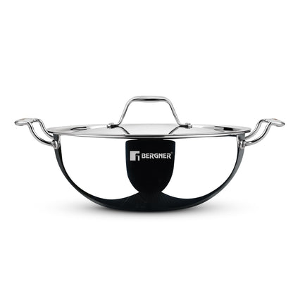 BERGNER Argent Triply 34cm (9.1 Liters) Deep Kadai with Stainless Steel Lid, Consumes Less Oil, Healthy Cooking, Sturdy Stay Cool Cast Handles, Even Heat Distribution - Induction and Gas Stove Ready
