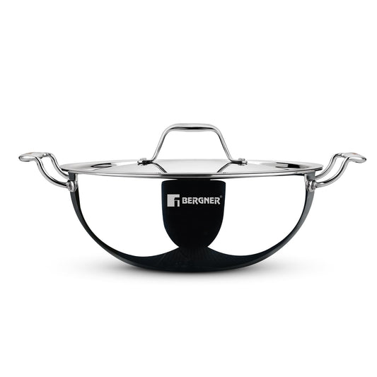 BERGNER Argent Triply 34cm (9.1 Liters) Deep Kadai with Stainless Steel Lid, Consumes Less Oil, Healthy Cooking, Sturdy Stay Cool Cast Handles, Even Heat Distribution - Induction and Gas Stove Ready