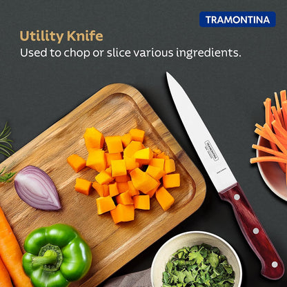 TRAMONTINA Polywood 15.2cm / 6" Utility Knife | Stainless Steel Blade | Multi-Purpose Kitchen Knife | Straight/Plain Edge | Treated Wooden Handle | Impact & Heat Resistant | 5 Yr Warranty