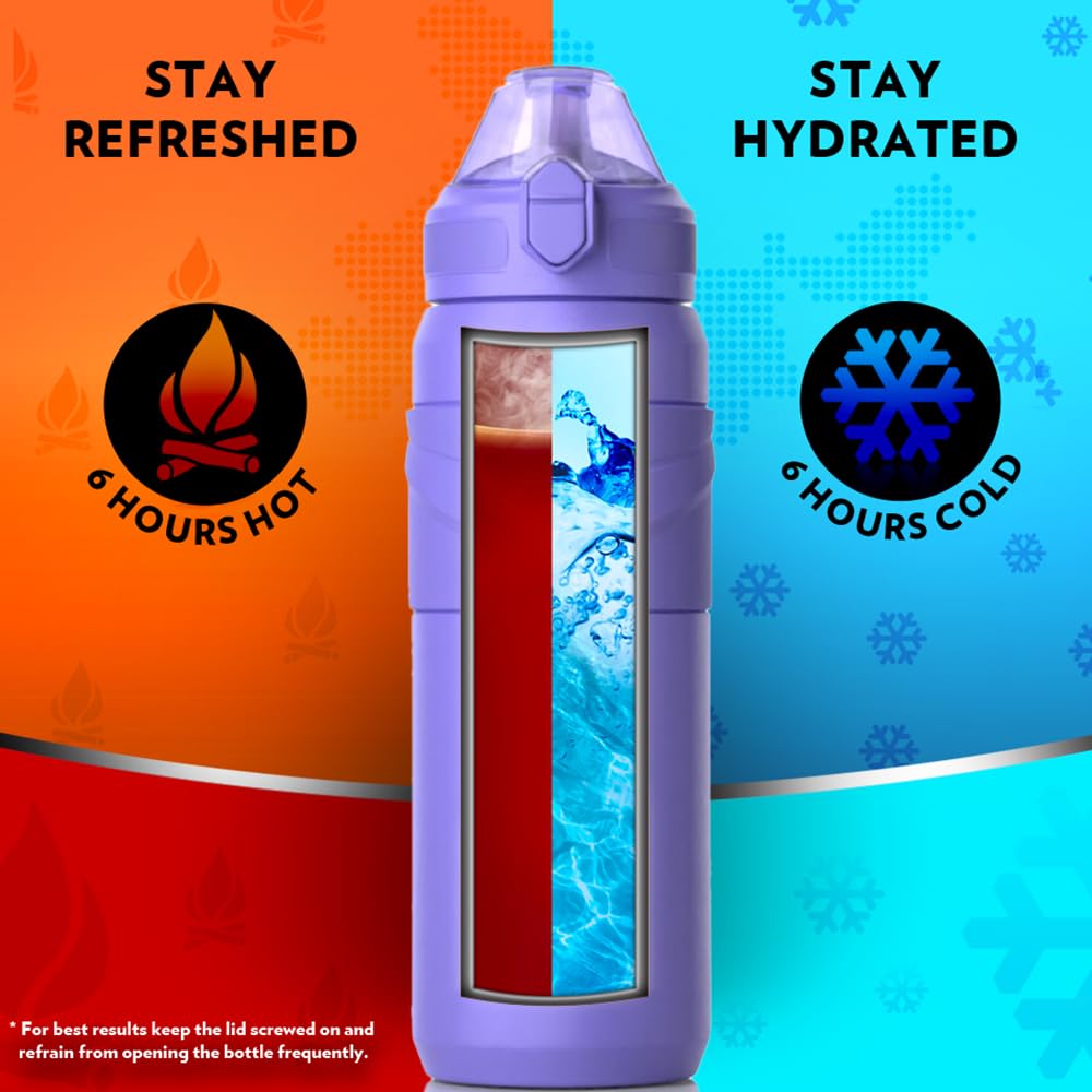 Borosil Hydra Adventure Veri Peri 560 ml Stainless Steel Kids Water Bottle | Double Wall Vacuum Insulated Thermo Flask | 8 hrs Hot & Cold | Leakproof, Sipper | Bottle for Gym, Office, School | Purple