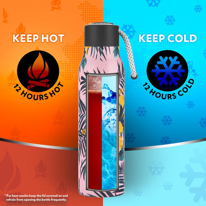 Borosil Hydra Aquasoul Tropical 600 ml Stainless Steel Water Bottle | Double Wall Vacuum Insulated Flask, Leakproof, Wide Mouth with Strap | 12 Hours Hot & Cold | 1 Year Warranty