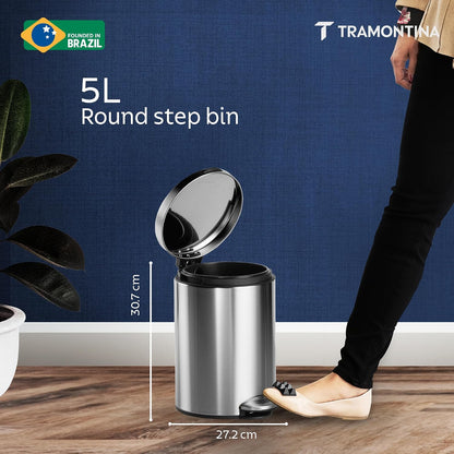 TRAMONTINA 5 Litre Stainless Steel Step Dustbin | Fingerprint-Resistant Finish | Soft-Close Lid | Removable Inner Bucket | Round Trash Can for Home, Office & Hospitality