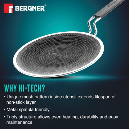 Bergner Hi-Tech Giro Triply Stainless Steel Roti Tawa 26cm, Non-Stick Tava for Chapati/Paratha, Honeycomb Non-Stick Coating, PFOA Free, Healthy Cooking, Stay Cool Handle, Induction and Gas Stove Ready