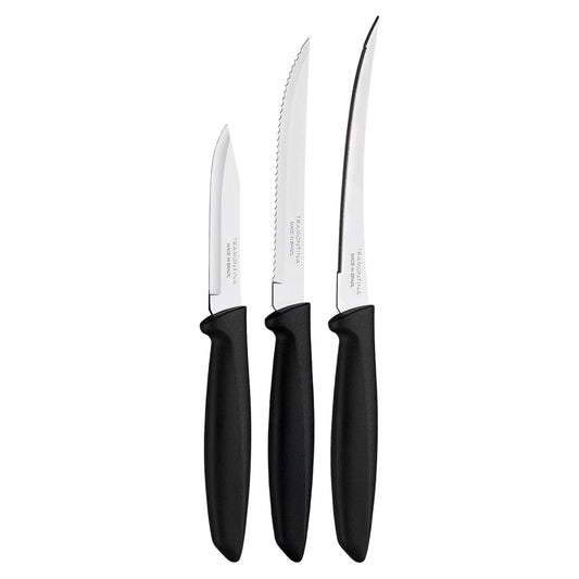 TRAMONTINA Plenus 3-Piece Knife Set | Stainless Steel Blades with Black Polypropylene Handles | Serrated Fruit & Tomato Knife + Plain Edge Vegetable & Fruit Knife | Dishwasher Safe.