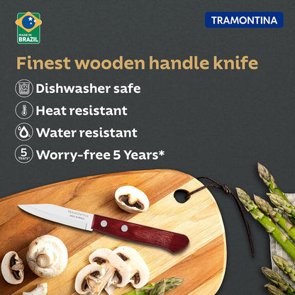 TRAMONTINA Polywood 7.6cm / 3" Stainless Steel Blade Vegetable & Fruit Knife | Vegetable Knife | Fruit Knife | Plain/Straight Edge | Treated Wooden Handle | Impact & Heat Resistant | 5 Yr Warranty