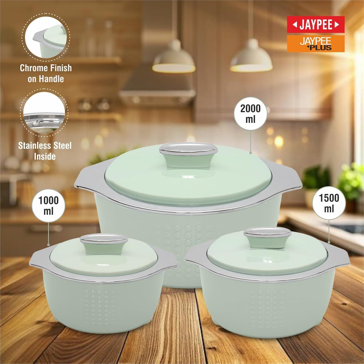 JAYPEE FINEDINE Inner Stainless Steel Casserole Set of 3 with Lockable Lid, 1000+1500+2000 ml, BPA Free Insulated Casserole Set|Food Grade Serving Set| Ideal for Warm Fresh Food & Chapatti, Green