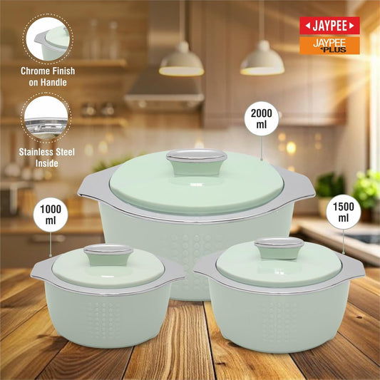 JAYPEE FINEDINE Inner Stainless Steel Casserole Set of 3 with Lockable Lid, 1000+1500+2000 ml, BPA Free Insulated Casserole Set|Food Grade Serving Set| Ideal for Warm Fresh Food & Chapatti, Green