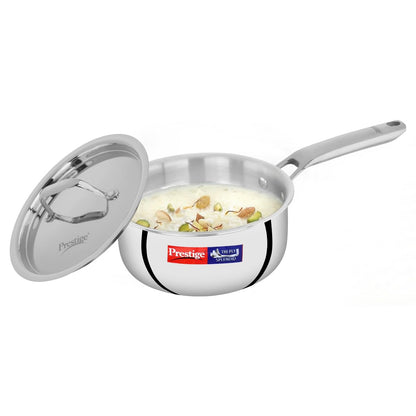 Prestige 14cm/1.1L Tri-Ply Stainless Steel Splendid Sauce Pan with Lid|Gas and Induction Compatible|Even Heat Distribution| Thick Gauge Tri-Ply Body|15 Year Warranty