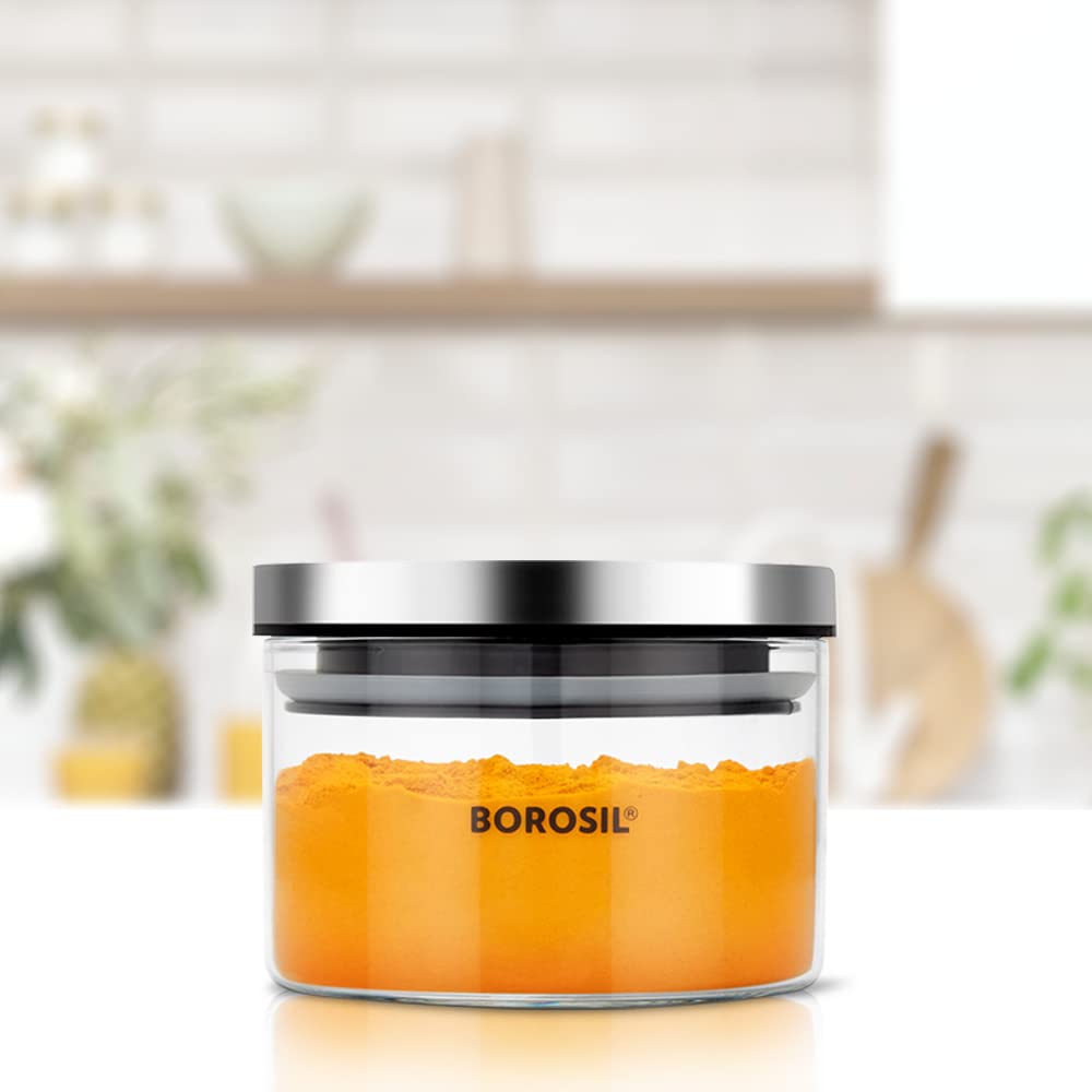 Borosil Classic Glass Jar with Airtight Stainless Steel Lid | Borosilicate Glass Storage Organiser | Microwave & Dishwasher Safe Kitchen Containers for Spices, Snacks, Grains, Dals (300 ml)