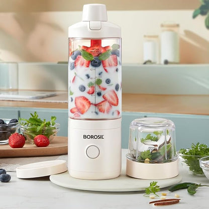 Borosil 75W NutriMate Portable Blender with Grinder | 550ml Tritan Jar with Glass Grinding Jar | DC Motor | Smoothie Maker, Protein Shakes, Juices | Compact & Travel Friendly | 1 Year Warranty