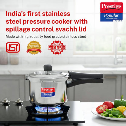 Prestige 1.5 Litre Stainless Steel Popular Svachh Outerlid Pressure Cooker | Deep lid for spillage control|Gas & Induction Compatible|Controlled Gasket Release System|5 Years warranty|ISI Certified