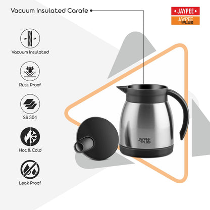Jaypee Plus Elegant ISI Certified Stainless Steel Insulated Carafe 500 ml Kettle Double Wall Vacuum Flask Heat & Cold Retention | Easy to Carry for Kitchen, Office, Outdoor & Restaurant, Silver