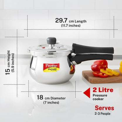 Prestige 2 Litre Stainless Steel Deluxe Alpha Svachh Outerlid Baby Handi Pressure Cooker|10 years warrantyDeep lid for spillage control|Gas & Induction compatible|ISI Certified