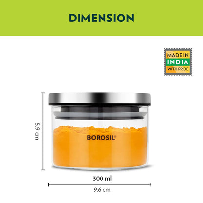 Borosil Classic Glass Jar with Airtight Stainless Steel Lid | Borosilicate Glass Storage Organiser | Microwave & Dishwasher Safe Kitchen Containers for Spices, Snacks, Grains, Dals (300 ml)