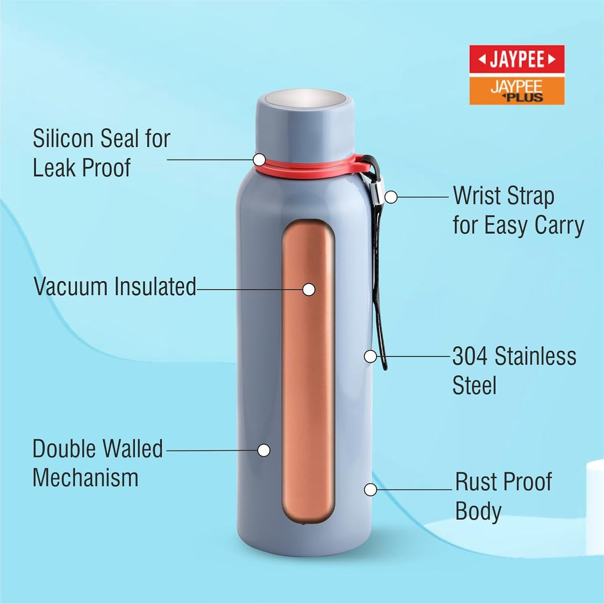 Jaypee Plus Vogue Stainless Steel Double Wall Thermosteel 700 ml Water Bottle ISI Certified Vaccum Insulated 24 hr Hot and Cold Water Bottle Anti Skid Leakproof Bottle Office, Gym,Trekking,Light Grey