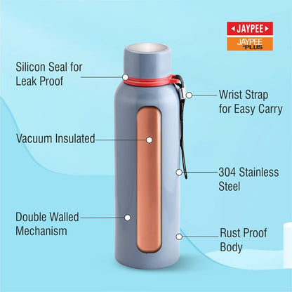 Jaypee Plus Vogue Stainless Steel Double Wall Thermosteel 700 ml Water Bottle ISI Certified Vaccum Insulated 24 hr Hot and Cold Water Bottle Anti Skid Leakproof Bottle Office, Gym,Trekking,Light Grey