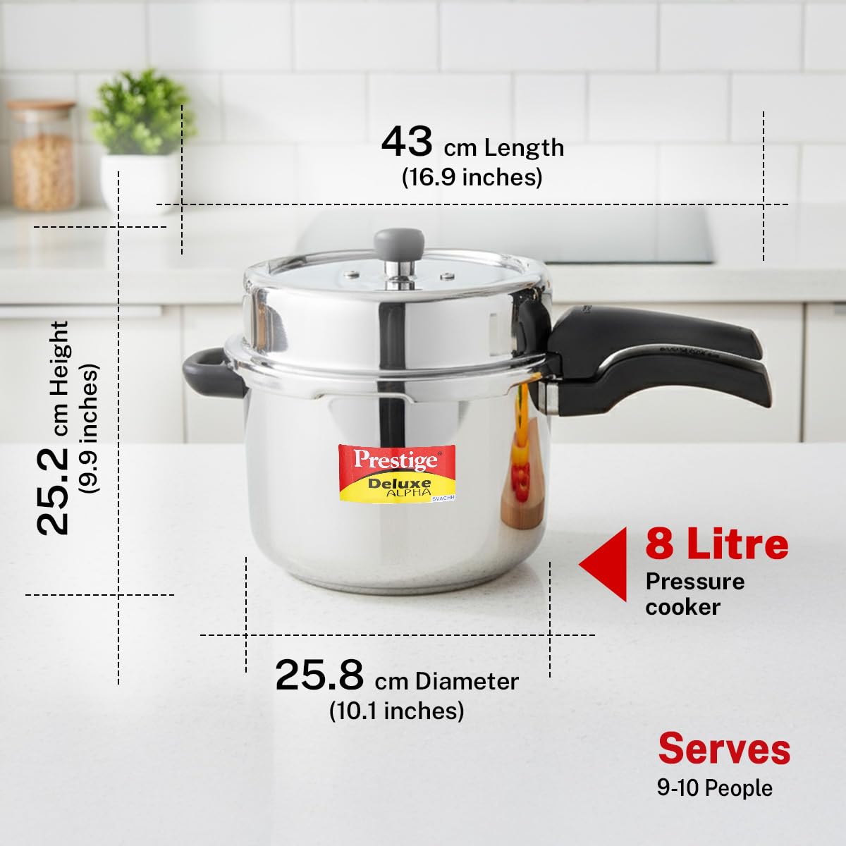 Prestige 8 Litre Stainless Steel Deluxe Alpha Svachh Outerlid Pressure Cooker |Deep lid for spillage control|10 years warranty|Gas & Induction compatible|Gasket release system|ISI Certified