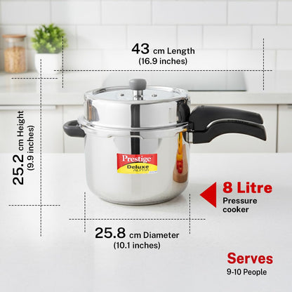Prestige 8 Litre Stainless Steel Deluxe Alpha Svachh Outerlid Pressure Cooker |Deep lid for spillage control|10 years warranty|Gas & Induction compatible|Gasket release system|ISI Certified