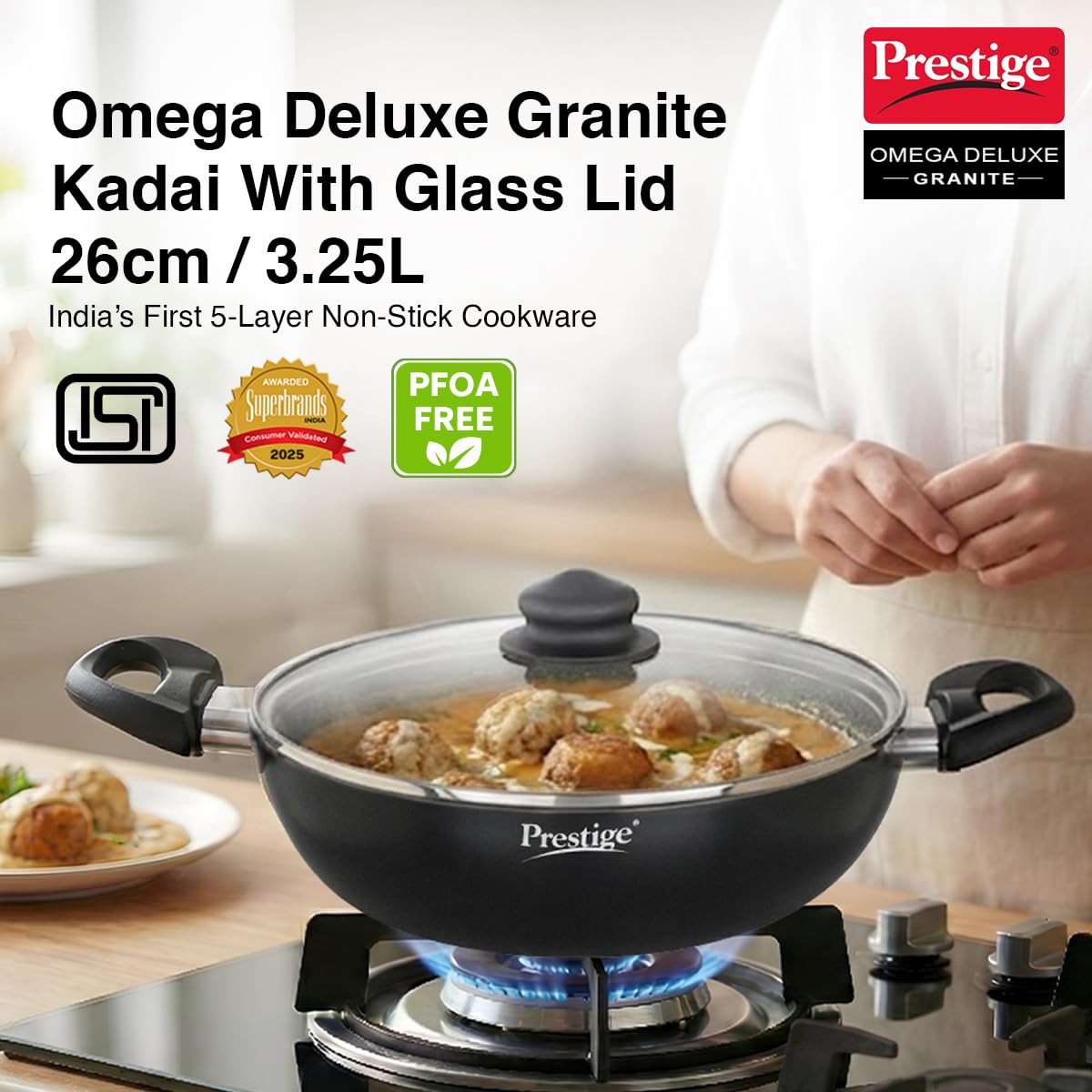 Prestige Omega Deluxe Granite Kadai | 3.25 L | Black | Induction Base | 5 Layer Non-Stick Granite Finish | Scratch Resistant | Dishwasher Safe | Metal Spoon Friendly
