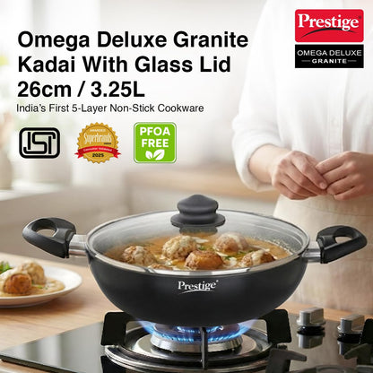 Prestige Omega Deluxe Granite Kadai | 3.25 L | Black | Induction Base | 5 Layer Non-Stick Granite Finish | Scratch Resistant | Dishwasher Safe | Metal Spoon Friendly