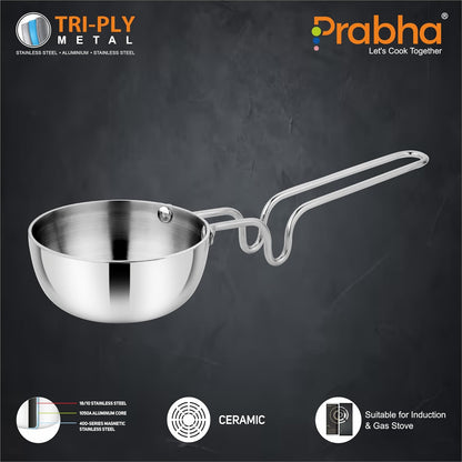 Prabha Stainless Steel Prima Tadka Pan 125mm - Tri-Ply Steel, Induction Base - Perfect for Chowka Pan Cooking