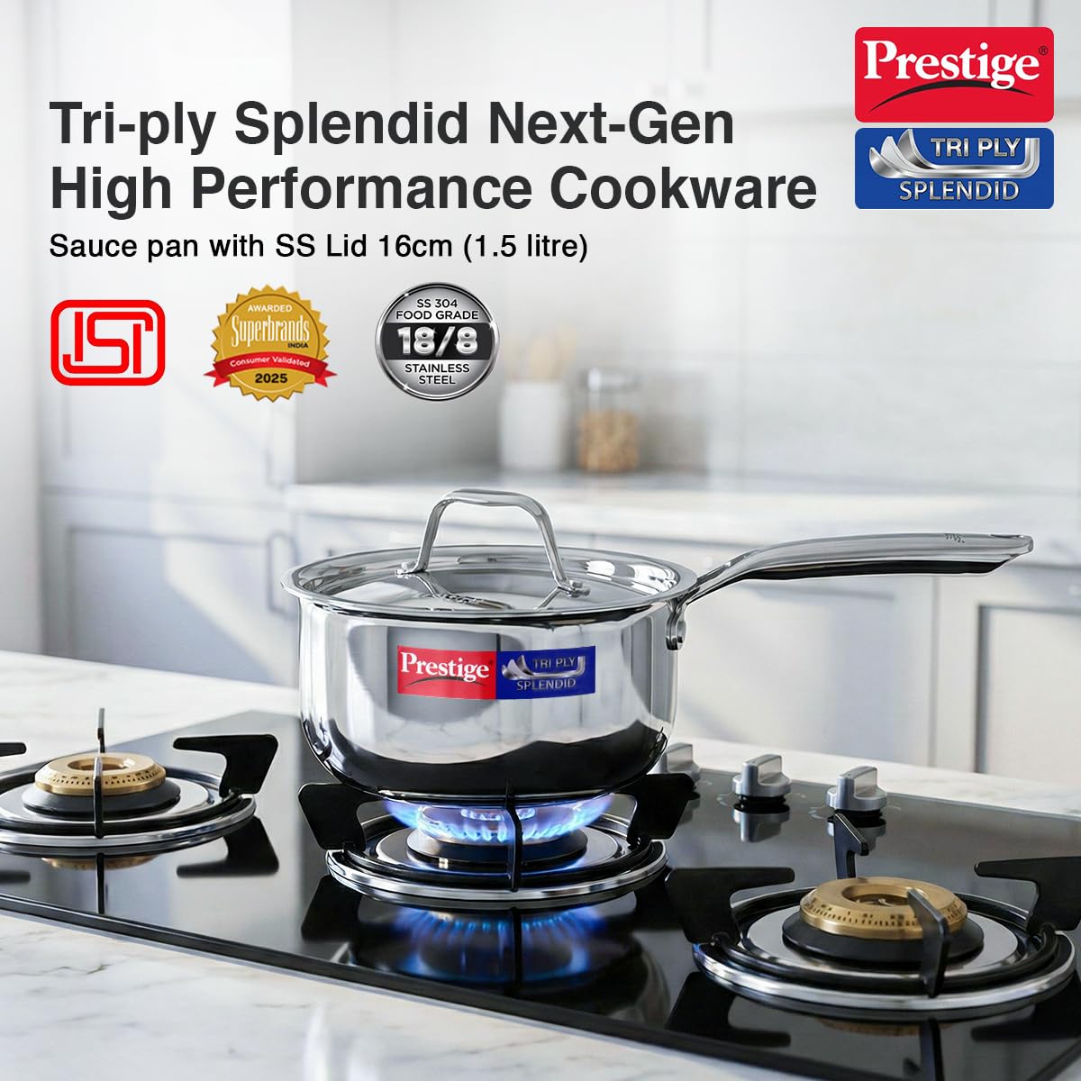 Prestige 14cm/1.1L Tri-Ply Stainless Steel Splendid Sauce Pan with Lid|Gas and Induction Compatible|Even Heat Distribution| Thick Gauge Tri-Ply Body|15 Year Warranty