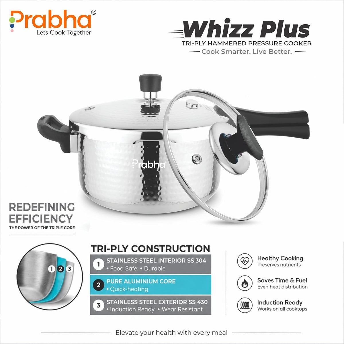 PRABHA TriPly Whizz Plus Hammered Bakelite Handle Pressure Cooker,With ISI Certified,1 L Induction Bottom Pressure Cooker (Triply, Stainless Steel)