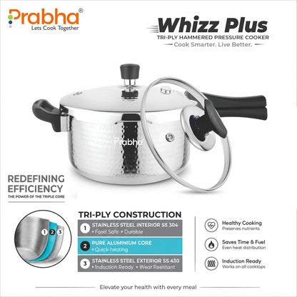 PRABHA TriPly Whizz Plus Hammered Bakelite Handle Pressure Cooker,With ISI Certified,1 L Induction Bottom Pressure Cooker (Triply, Stainless Steel)
