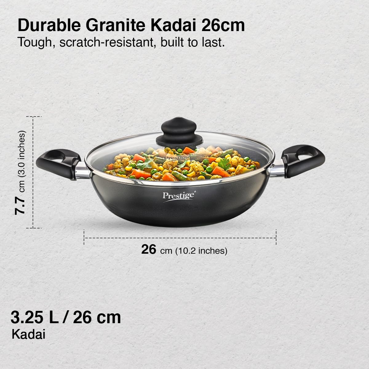 Prestige Omega Deluxe Granite Kadai | 3.25 L | Black | Induction Base | 5 Layer Non-Stick Granite Finish | Scratch Resistant | Dishwasher Safe | Metal Spoon Friendly