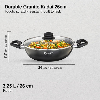 Prestige Omega Deluxe Granite Kadai | 3.25 L | Black | Induction Base | 5 Layer Non-Stick Granite Finish | Scratch Resistant | Dishwasher Safe | Metal Spoon Friendly